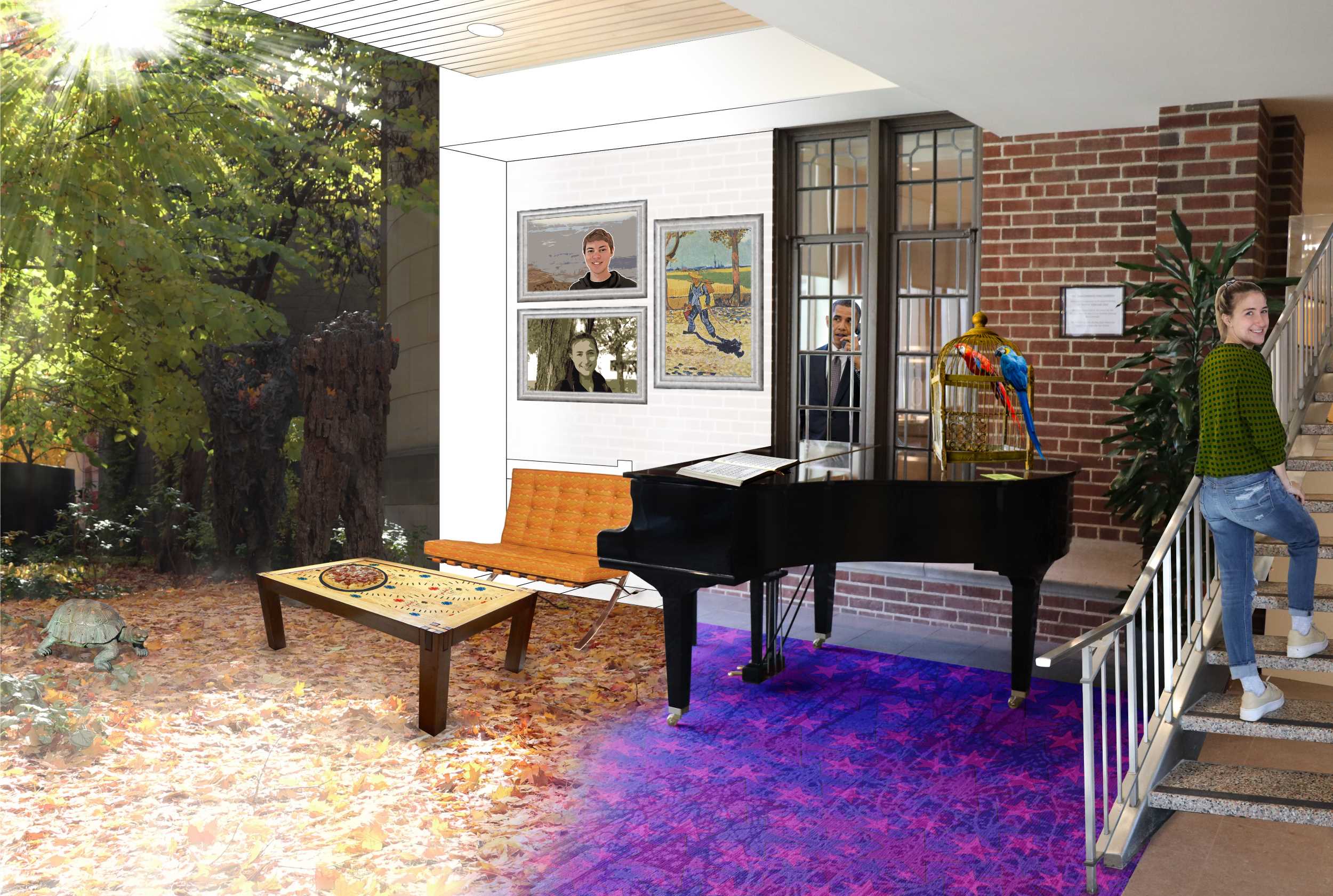 Final collage, with raw images combined in Photoshop and edited to add enhanced sunlight effect, sketched wall and ceiling detail, and decorative objects. Printed on 11x17” paper. Goal was to join all elements into a unified indoor and outdoor space.