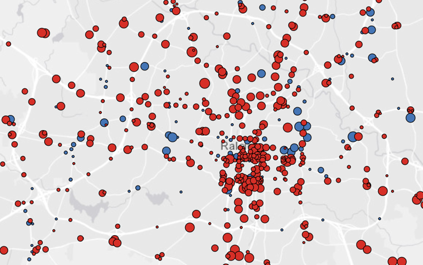 Traffic trends in Raleigh over past 20 years, mapped in ArcGIS using annual average daily traffic data. Larger red dots show larger increases and larger blue dots show larger decreases in traffic.